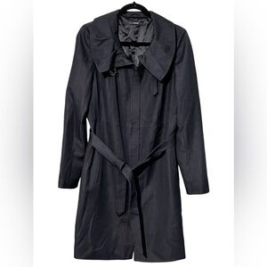 Tahari long trench‎ coat jacket zip up belted round neck navy size medium